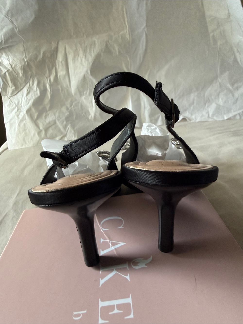 BCBGeneration Black Satin Slingback Pumps with Crystal Bow Accent - Picture 2 of 3
